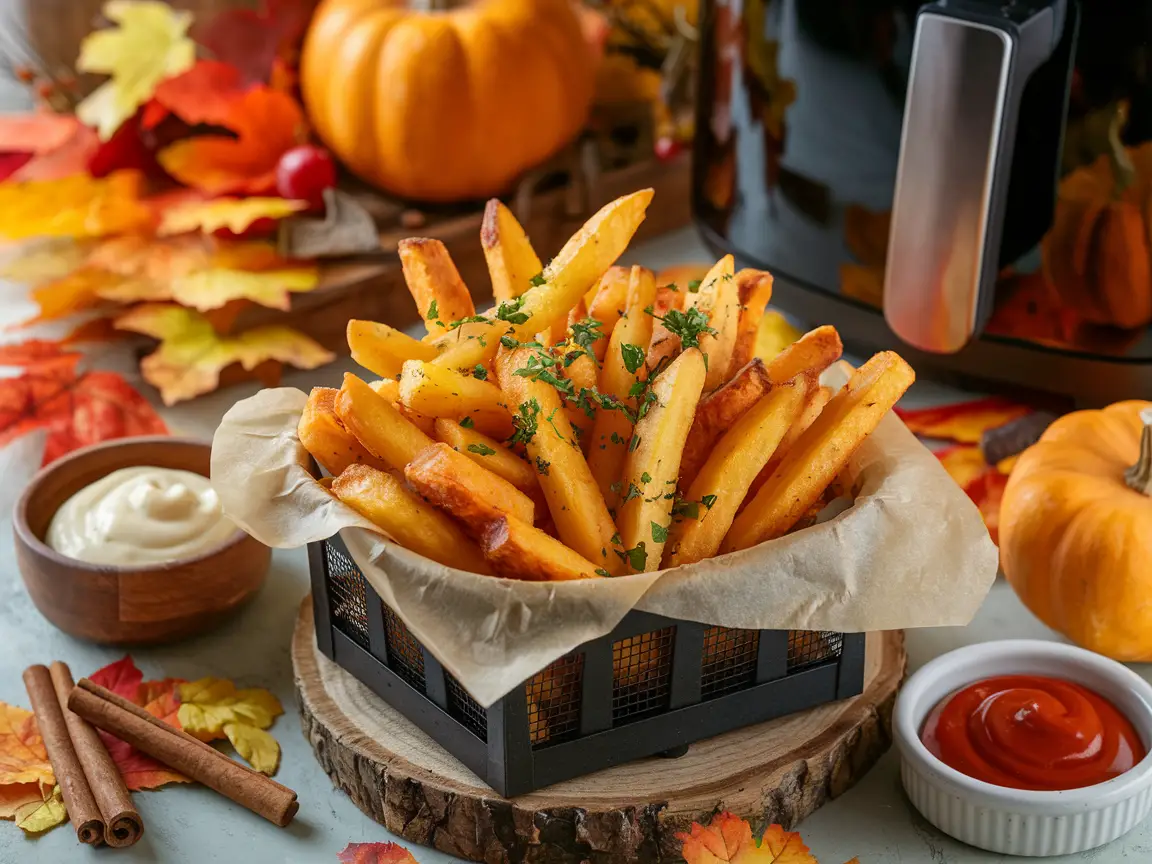 image of crispy air fryer pumpkin fries served in a rustic, autumn-themed setting. The fries should be golden-brown with a slightly charred, crispy texture, placed in a wooden basket lined with parchment paper. Garnish the fries with chopped parsley and serve with a small bowl of garlic aioli and a dish of spicy ketchup on the side. The background should feature seasonal fall elements like pumpkins, colorful leaves, and cinnamon sticks, with soft, warm lighting to give a cozy, autumn vibe, there is also an Air Fryer on the back.