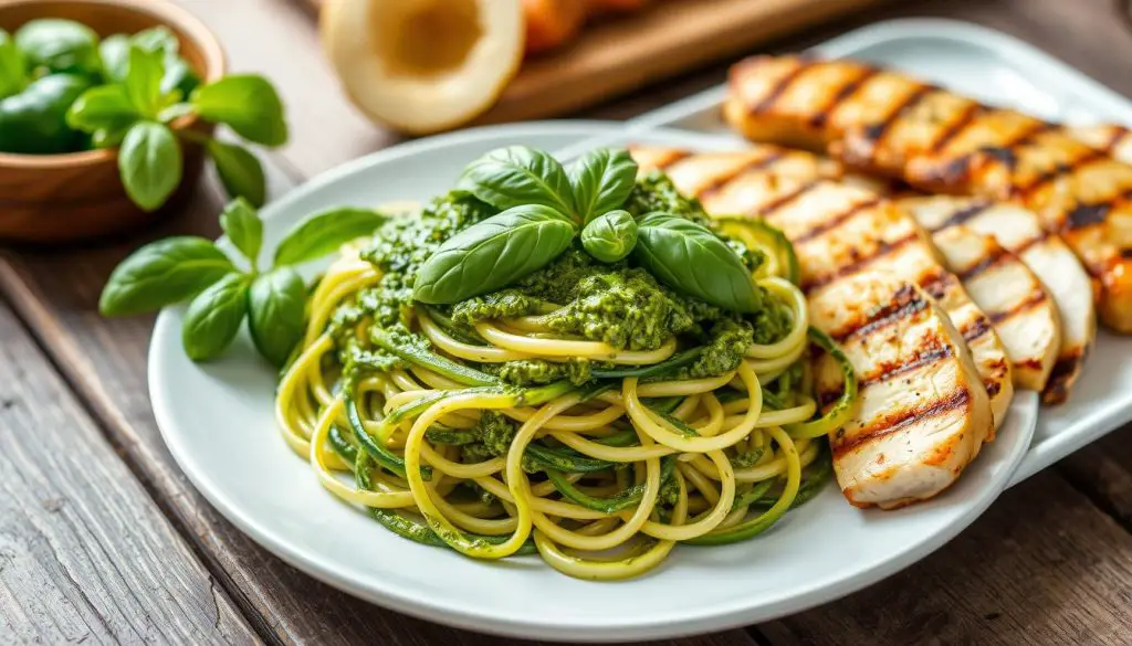 Zucchini Noodles with Pesto and Grilled Chicken